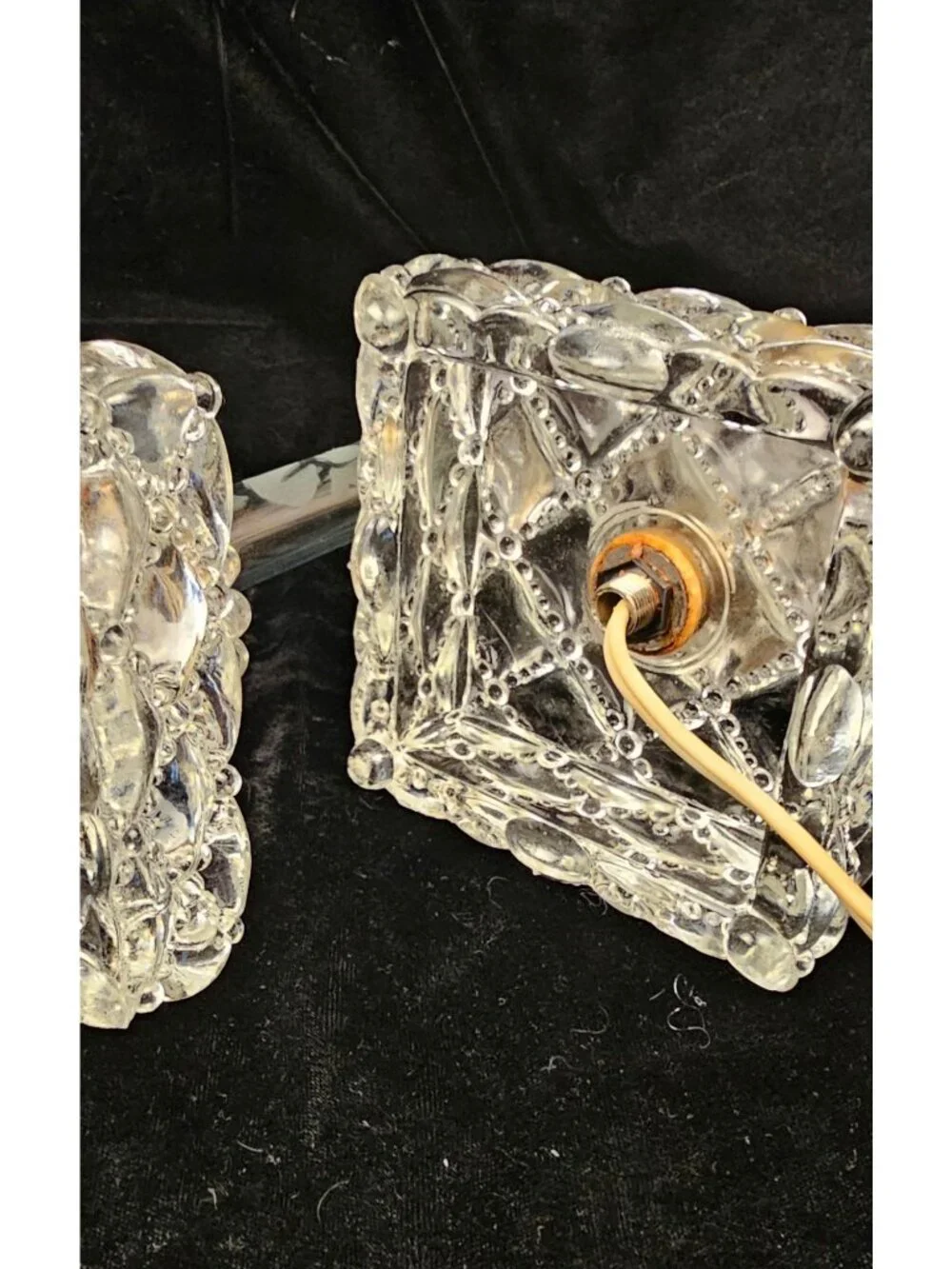 Vintage Pair Of Berwick Crystal Table Lamps With Etched Glass Columns & Candlewi